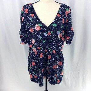 Suzanne Betro Blouse Womens Size 1X Polka Dot Floral V-Neck